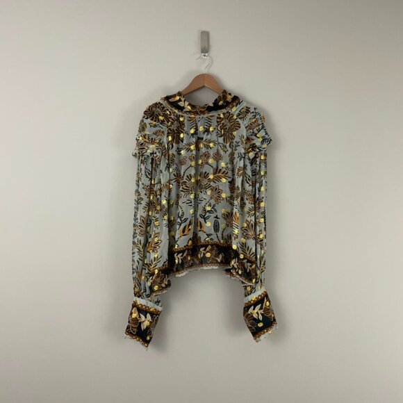 Farm Rio Silver Metallic Floral Beehive Tapestry Long Sleeve Blouse Size Large - Picture 1 of 8